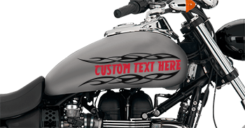 Click or Tap to View, Customize and Purchase Flaming Block Text Gas Tank Decals Image of Flaming Block Text Gas Tank Decals